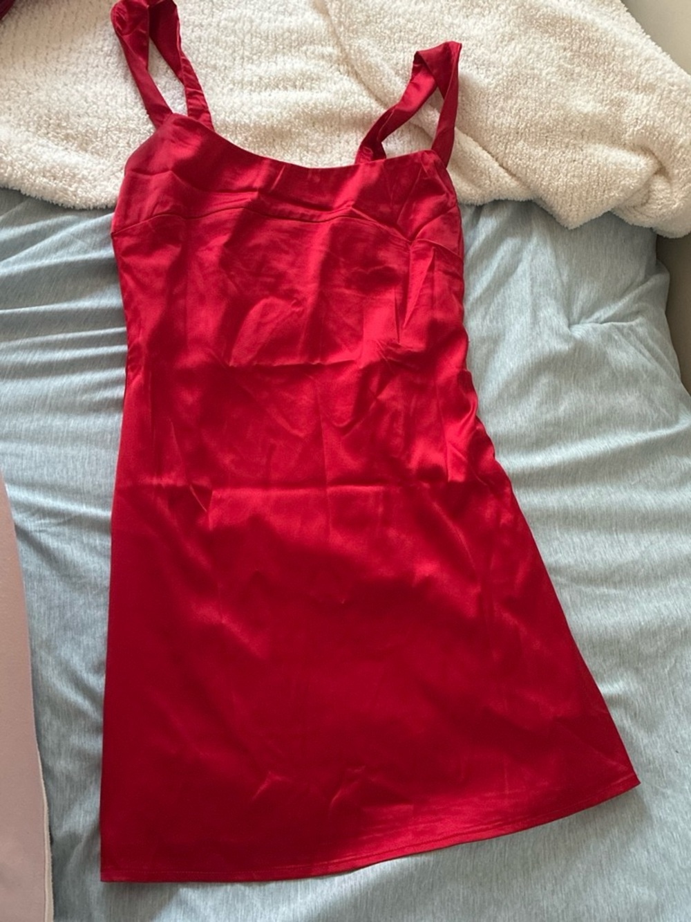 Peppermayo Red Satin Mini Dress with Square Neckline